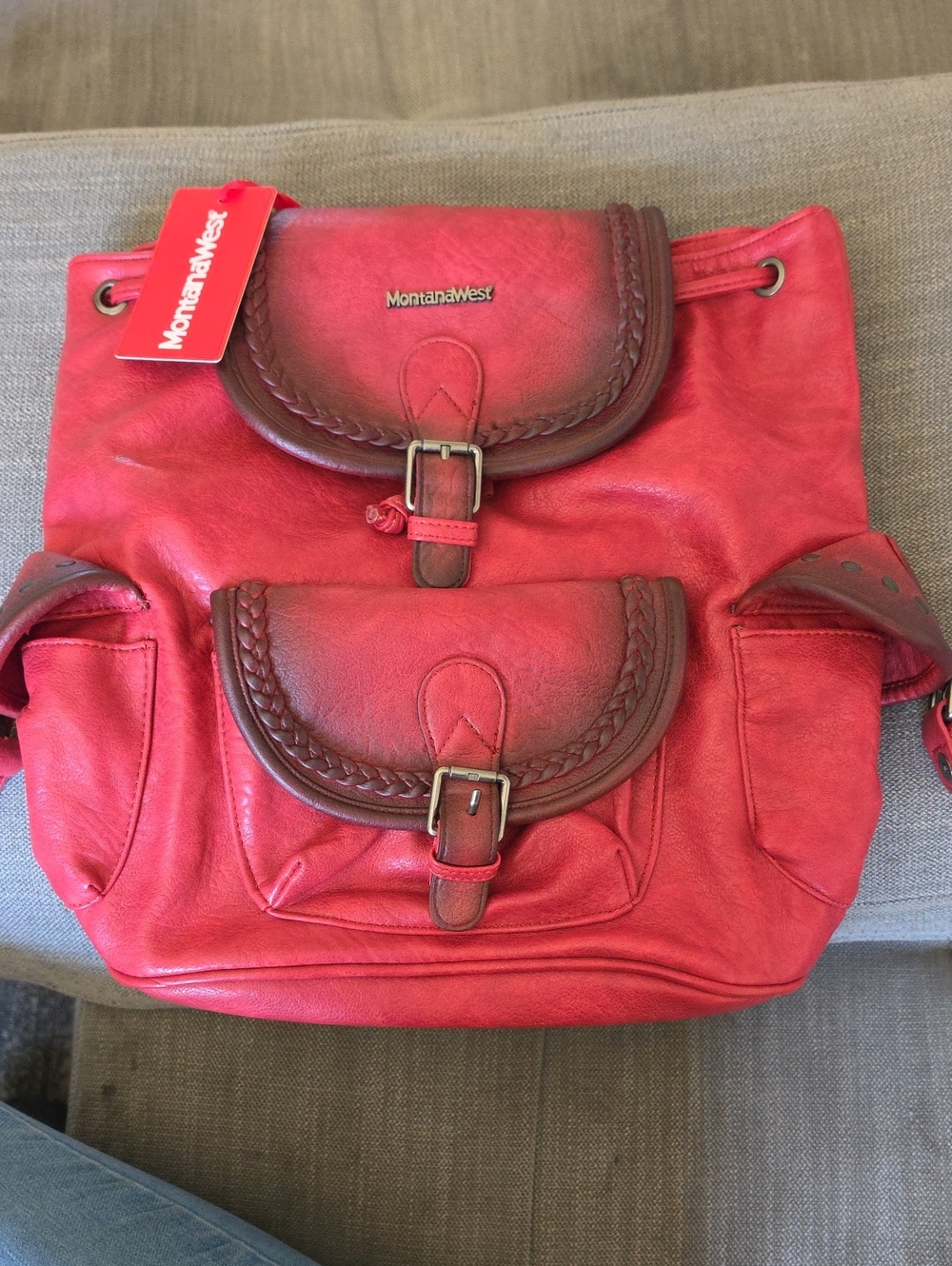 Montana West Red Leather Backpack with Braided Flap Accents